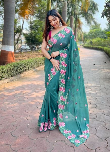 Teal Blue Georgette Thread-Work Carnival Saree For Kitty Parties