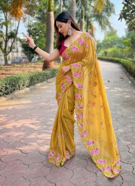 Mustard Yellow Georgette Thread-Work Carnival Saree For Kitty Parties