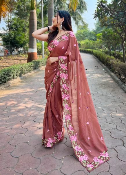 Dark Coral Georgette Thread-Work Carnival Saree For Kitty Parties