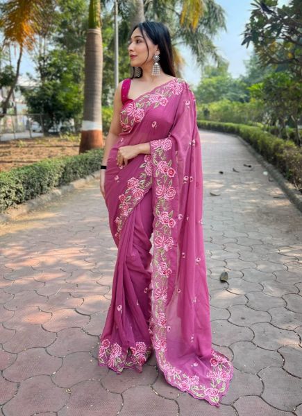 Pink Georgette Thread-Work Carnival Saree For Kitty Parties