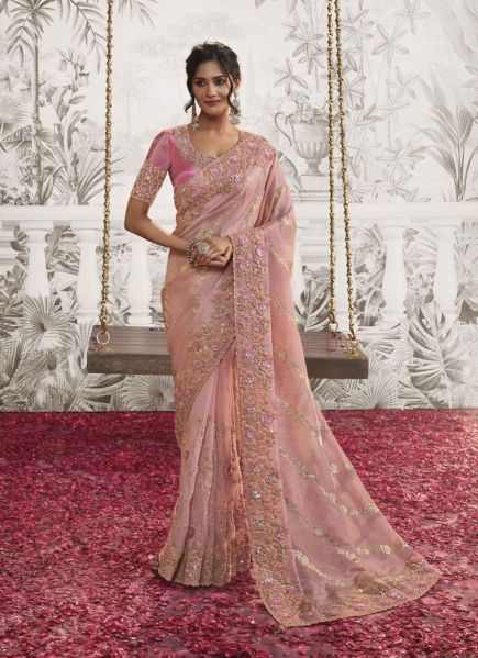 Pink Viscose Dola Jacquard Embroidered Party-Wear Silk Saree