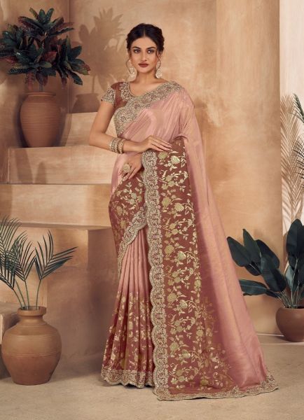 Light Coral Silk Embroidered & Zarkan-Work Party-Wear Saree