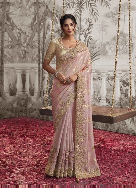 Light Pink Viscose Dola Jacquard Embroidered Party-Wear Silk Saree