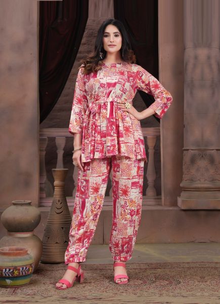 Pink Rayon Digitally Printed Resort-Wear Readymade Co-Ord Set