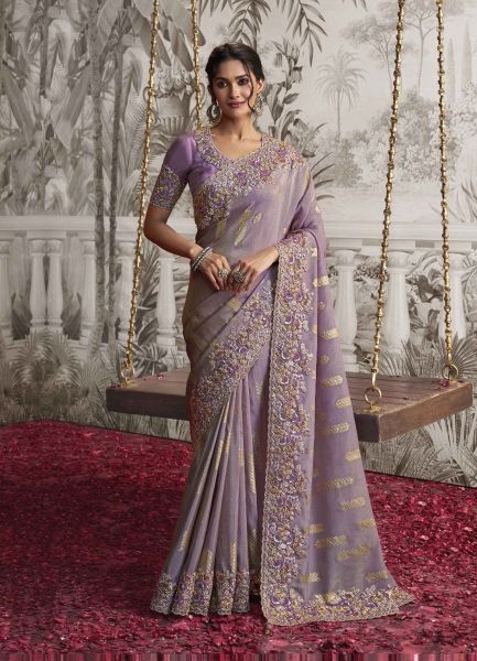Lilac Viscose Dola Jacquard Embroidered Party-Wear Silk Saree