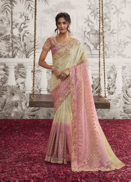 Cream & Pink Viscose Dola Jacquard Embroidered Party-Wear Silk Saree