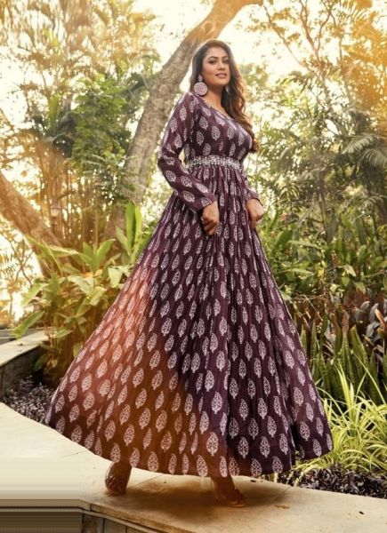 Purple Chinon Printed Resort-Wear Readymade Gown