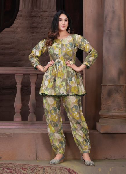 Olive Green Chanderi Digitally Printed Resort-Wear Readymade Co-Ord Set