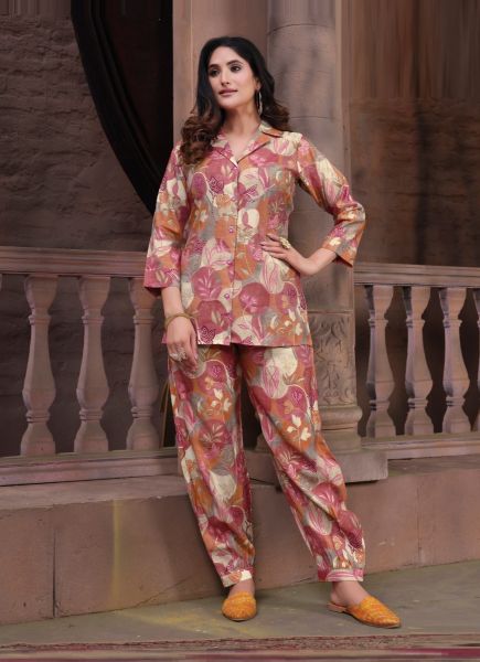 Dark Pink Chanderi Digitally Printed Resort-Wear Readymade Co-Ord Set