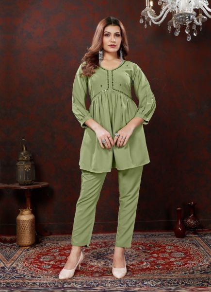 Light Green Cotton Thread-Work Resort-Wear Readymade Co-Ord Set