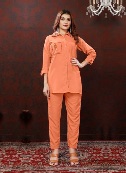 Coral Cotton Thread-Work Resort-Wear Readymade Co-Ord Set