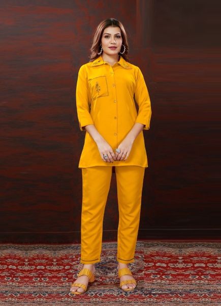 Yellow Cotton Thread-Work Resort-Wear Readymade Co-Ord Set