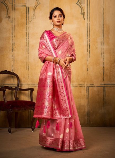 Pink Banarasi Tissue Weaving Festive-Wear Silk Saree