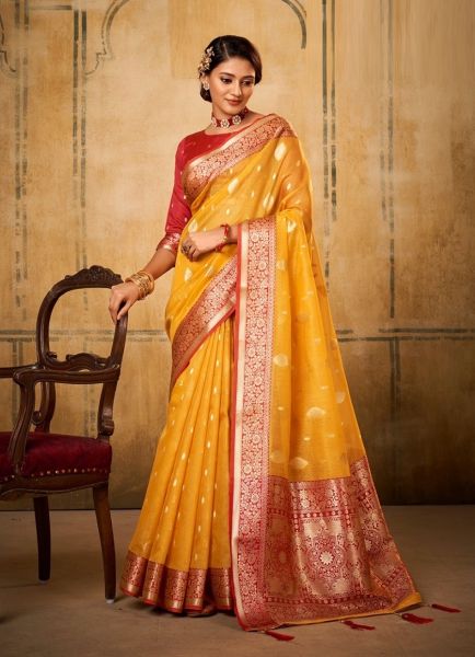 Yellow Banarasi Tissue Weaving Festive-Wear Silk Saree