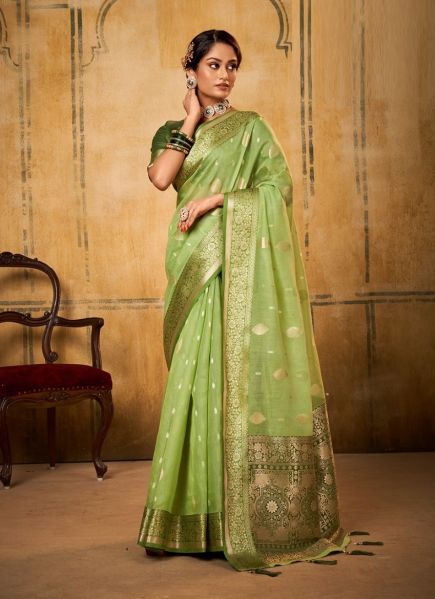 Light Green Banarasi Tissue Weaving Festive-Wear Silk Saree