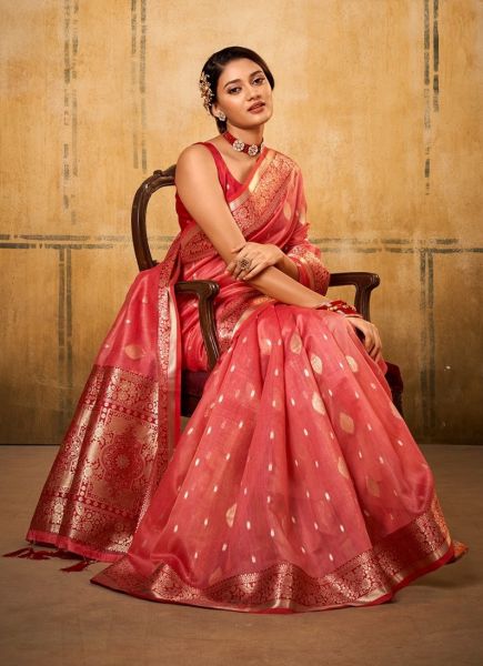 Light Red Banarasi Tissue Weaving Festive-Wear Silk Saree
