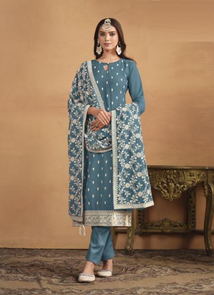 Steel Blue Faux Georgette Thread-Work Festive-Wear Plus-Size Salwar Kameez