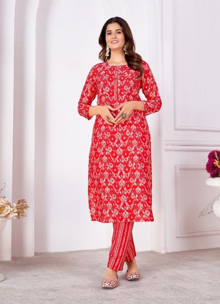 Red Silk Printed Resort-Wear Readymade Kurti With Pant