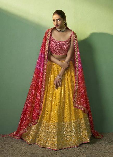 Mustard Yellow Georgette Sequins-Work Wedding-Wear Stylish Lehenga Choli