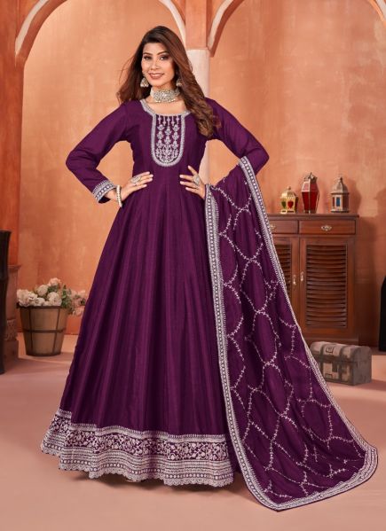 Purple Art Silk Embroidered Festive-Wear Floor-Length Salwar Kameez