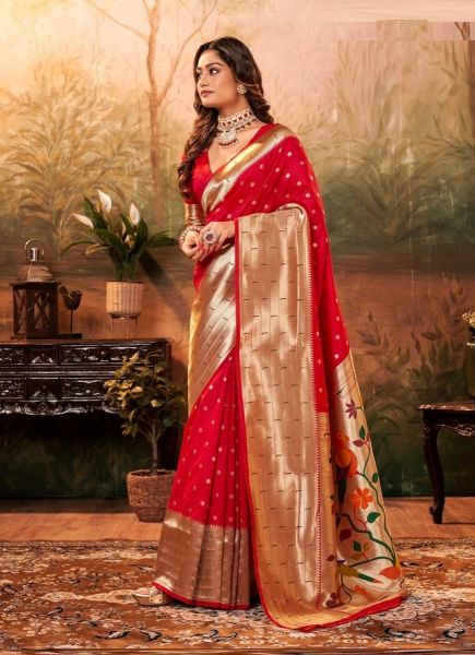 Cherry Red Paithani Silk Weaving Party-Wear Saree