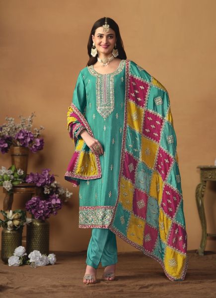 Light Teal Blue Chinon Silk Embroidered Plus-Size Salwar Kameez For Traditional / Religious Occasions