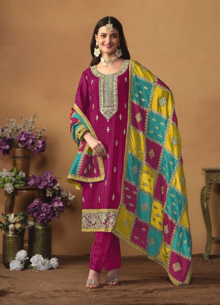 Magenta Chinon Silk Embroidered Plus-Size Salwar Kameez For Traditional / Religious Occasions