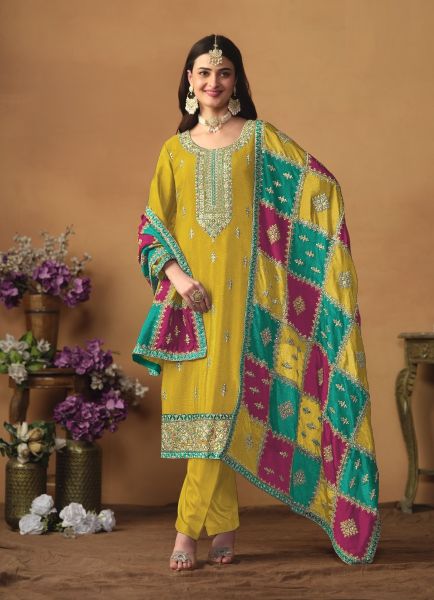 Mustard Yellow Chinon Silk Embroidered Plus-Size Salwar Kameez For Traditional / Religious Occasions