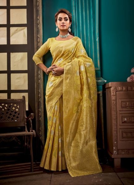 Light Mustard Yellow Linen Silk Weaving Festive-Wear Handloom Saree