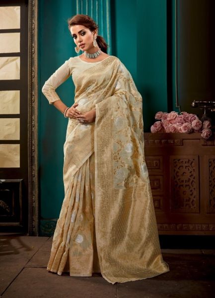 Beige Linen Silk Weaving Festive-Wear Handloom Saree