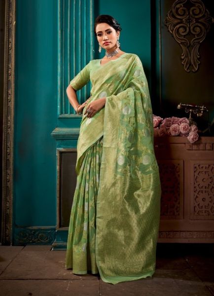 Light Green Linen Silk Weaving Festive-Wear Handloom Saree