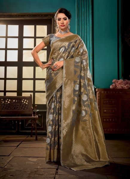 Gray Linen Silk Weaving Festive-Wear Handloom Saree