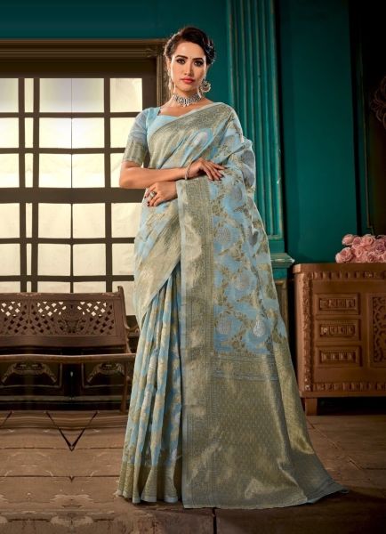 Light Blue Linen Silk Weaving Festive-Wear Handloom Saree