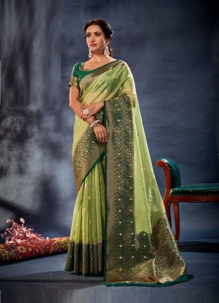 Light Green Banarasi Organza Silk Party-Wear Saree