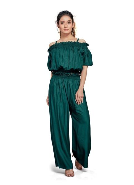 Teal Green Rayon Lounge-Wear Readymade Crop-Top With Bottom