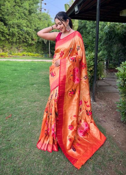 Orange Pure Paithani Woven Silk Saree For Traditional / Religious Occasions