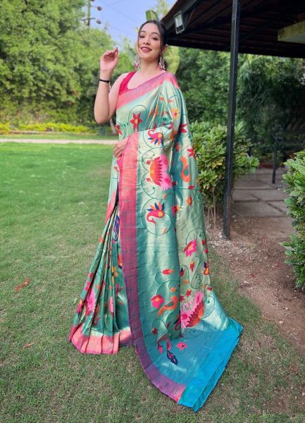 Aqua Pure Paithani Woven Silk Saree For Traditional / Religious Occasions