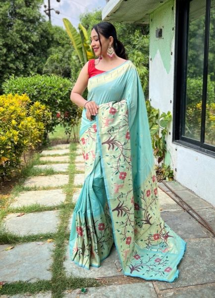 Light Sky Blue Paithani Weaving Silk Saree