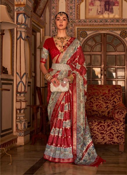 Red Silk Bandhani Printed Festive-Wear Patola Saree