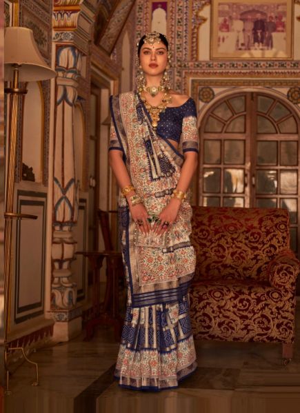 Blue Silk Bandhani Printed Festive-Wear Patola Saree