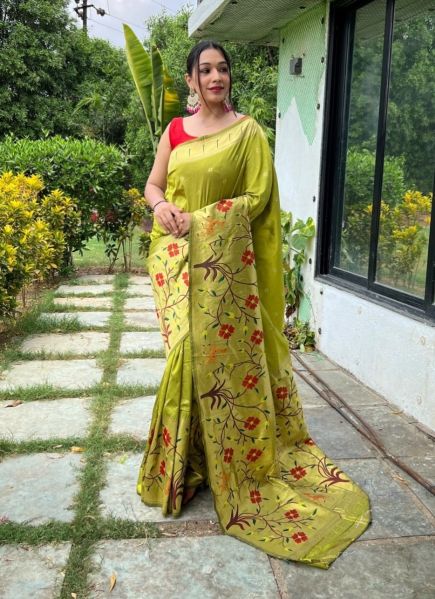 Light Olive Green Paithani Weaving Silk Saree
