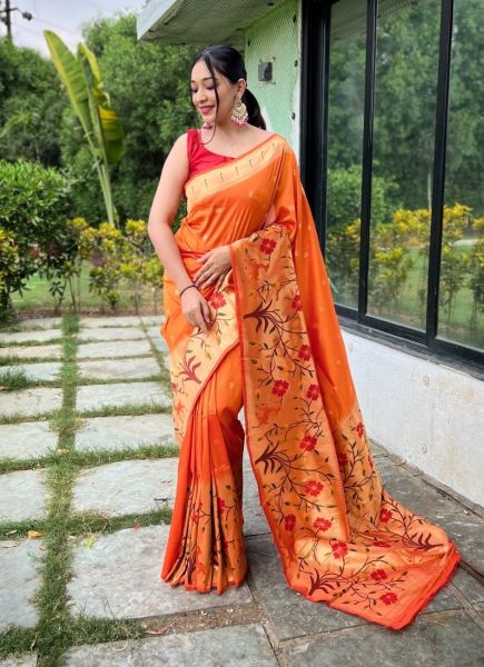 Orange Paithani Weaving Silk Saree