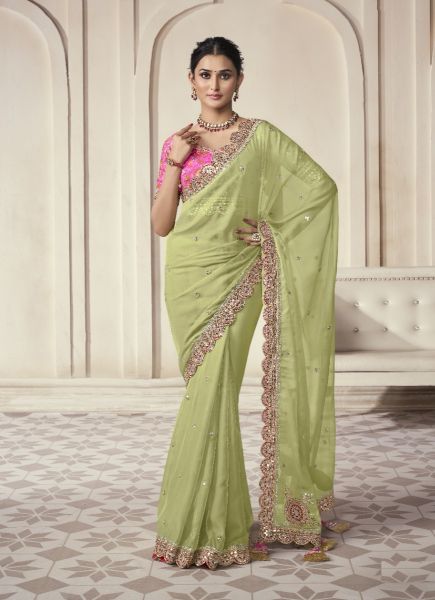 Light Green Art Silk Embroidered Wedding-Wear Boutique-Style Saree