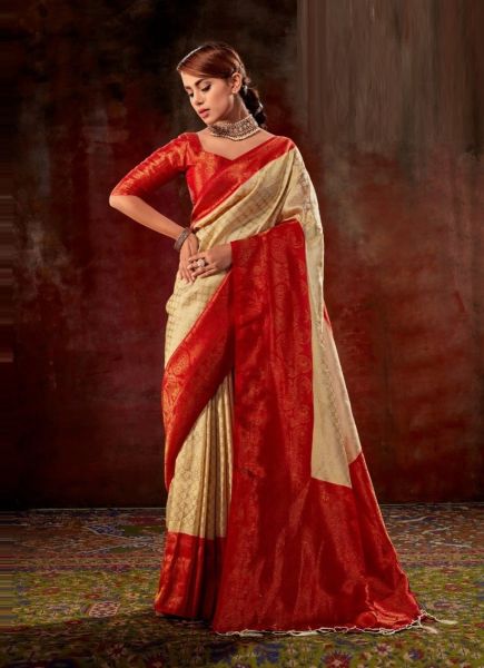 Creamy Yellow & Red Kanchi Silk Weaving Durga Puja Special Saree