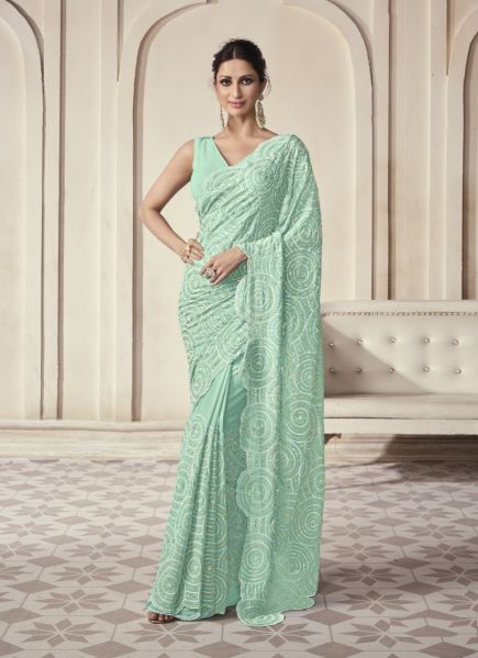 Light Mint Green Georgette Embroidered Wedding-Wear Boutique-Style Saree