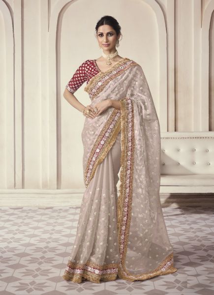 Light Mauve Art Silk Embroidered Wedding-Wear Boutique-Style Saree