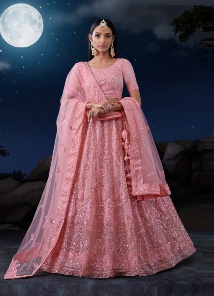 Pink Net Sequins-Work Wedding-Wear Bridal Lehenga Choli