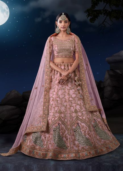 Light Pink Net Sequins-Work Wedding-Wear Bridal Lehenga Choli