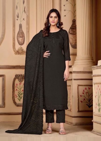 Black Rangoli Silk Embroidered Festive-Wear Straight-Cut Salwar Kameez