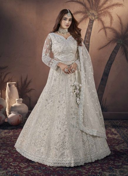 Light Gray Net Handwork Wedding-Wear Readymade Bridal Lehenga Choli